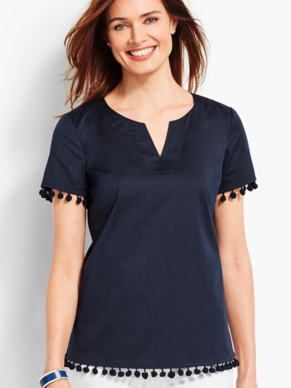 Talbots Navy Short Sleeve Top with Pom-Pom Trim